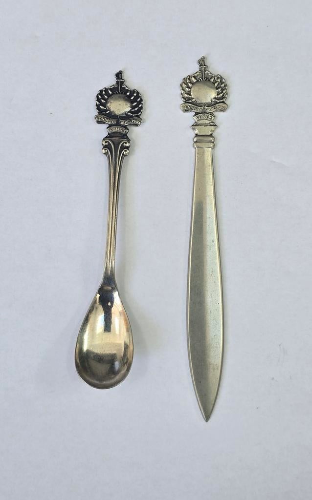 Zilverstad verzilverde lepel & briefopener Koningin Wilhelmi, Antiek en Kunst, Antiek | Bestek, Verzenden