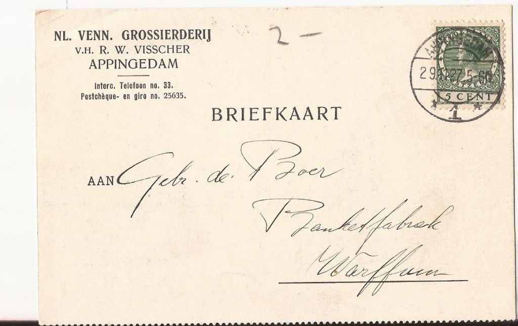 APPINGEDAM 1927 nv GROSSIERDERIJ vh RW. VISSCHER, Ophalen of Verzenden, 1920 tot 1940, Gelopen, Groningen