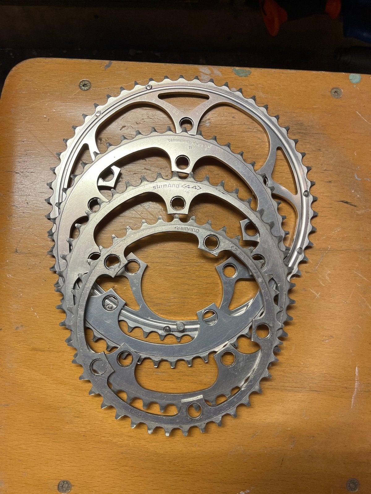 Shimano SG BCD 130 kettingbladen (53, 46, 44, 39 tanden), Gebruikt, Ophalen of Verzenden, Derailleur of Ketting, Aluminium