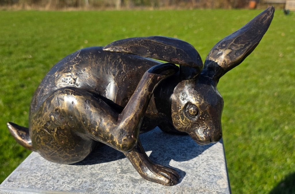 HAAS KRABT AAN OOR / bronzen beeld, Nieuw, Info@huisentuindecoratiemarie.nl, Huis en tuin decoratie marie, Dierenbeeld