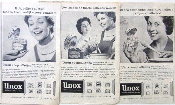 12 vintage reclames Unox soepballetjes 57-58 worstjes, Ophalen of Verzenden, Gebruikt, Overige typen
