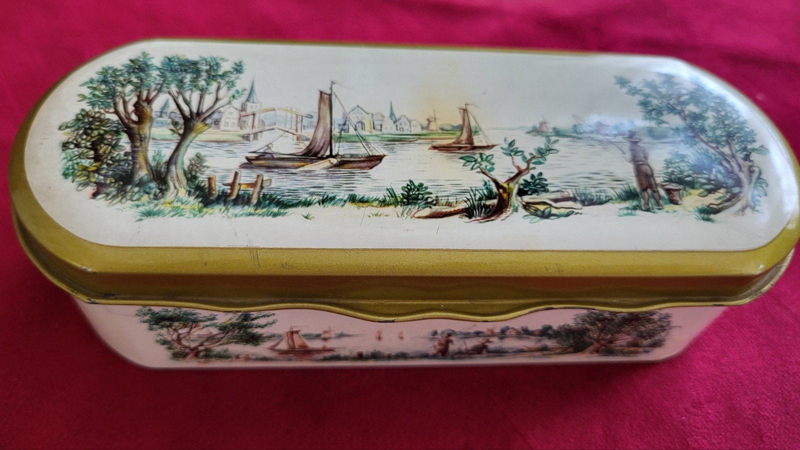 Vintage blikken lepeldoosje met Hollands landschap decor, Verzamelen, Blikken, Ophalen of Verzenden, Gebruikt, Overige