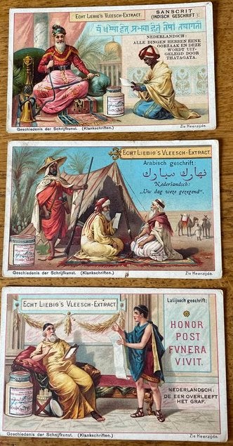 3 Liebig Vleesextract reclamekaarten - Geschiedenis, Ophalen of Verzenden, Voor 1940, Zo goed als nieuw, Overige onderwerpen