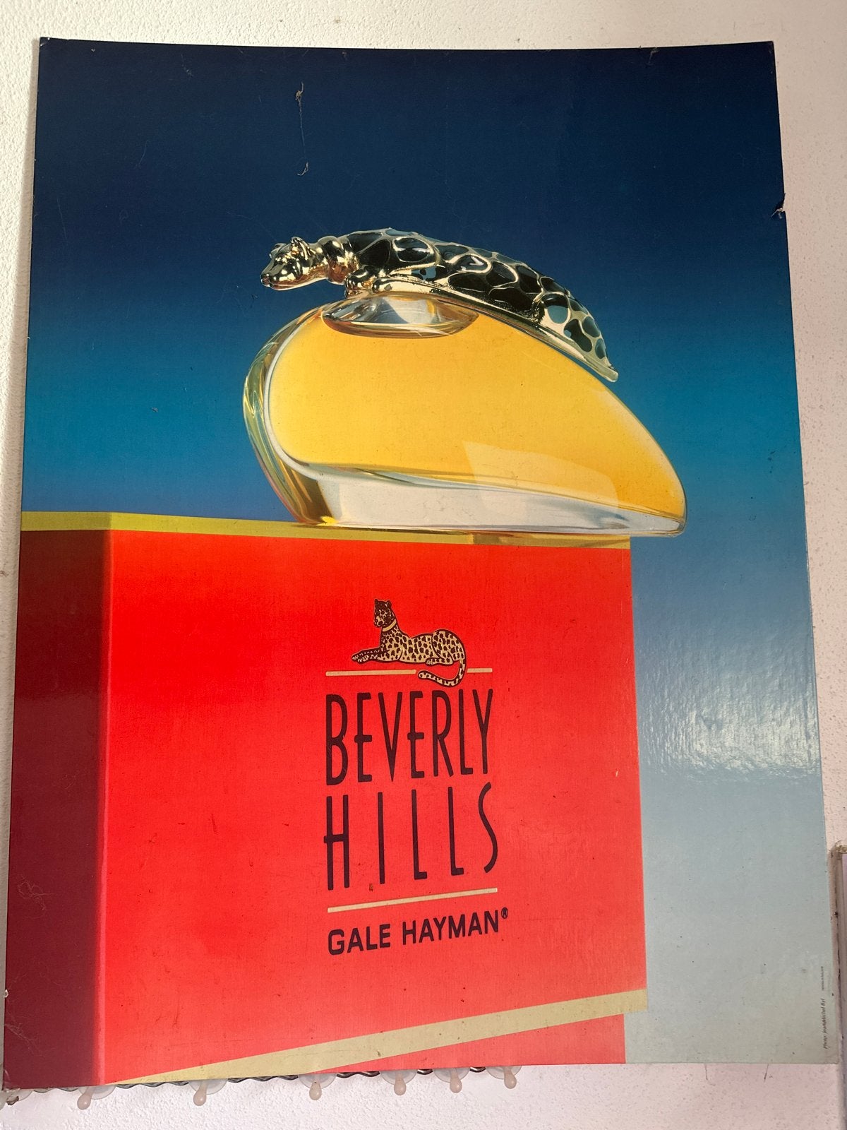 Reclamebord Beverly Hills Gale Hayman parfum 60x80 cm, Ophalen, Gebruikt, Reclamebord