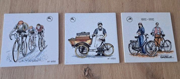 Gazelle fiets wandtegels - Set van 3 vintage tegeltjes, Antiek en Kunst, Antiek | Wandborden en Tegels, Ophalen of Verzenden