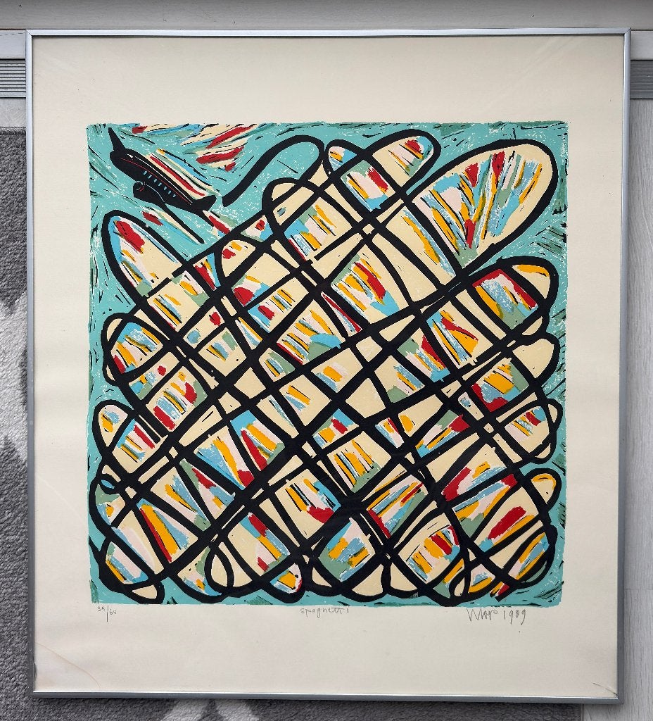 Zeefdruk 'Spaghetti' van Hans Wap uit 1989, nummer 35/65, Antiek en Kunst, Ophalen, Zeefdruk, Genummerd, Overige onderwerpen