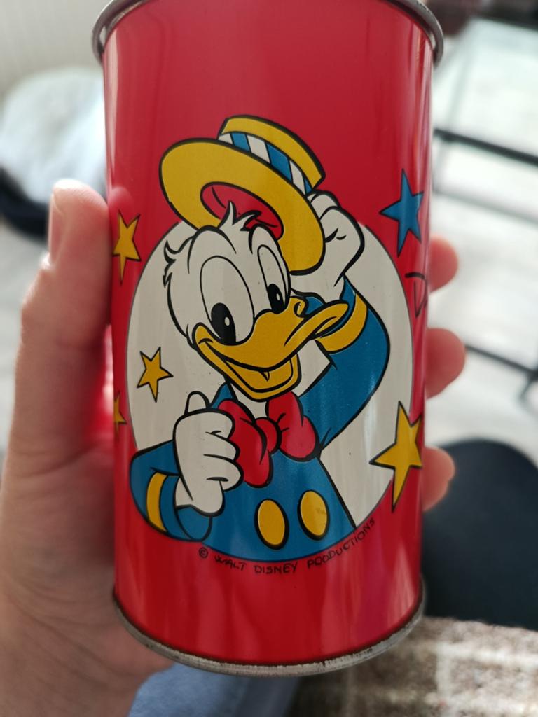 Vintage metalen spaarpot Donald Duck, Ophalen of Verzenden, Zo goed als nieuw, Steen, Aardewerk of Keramiek, Dier