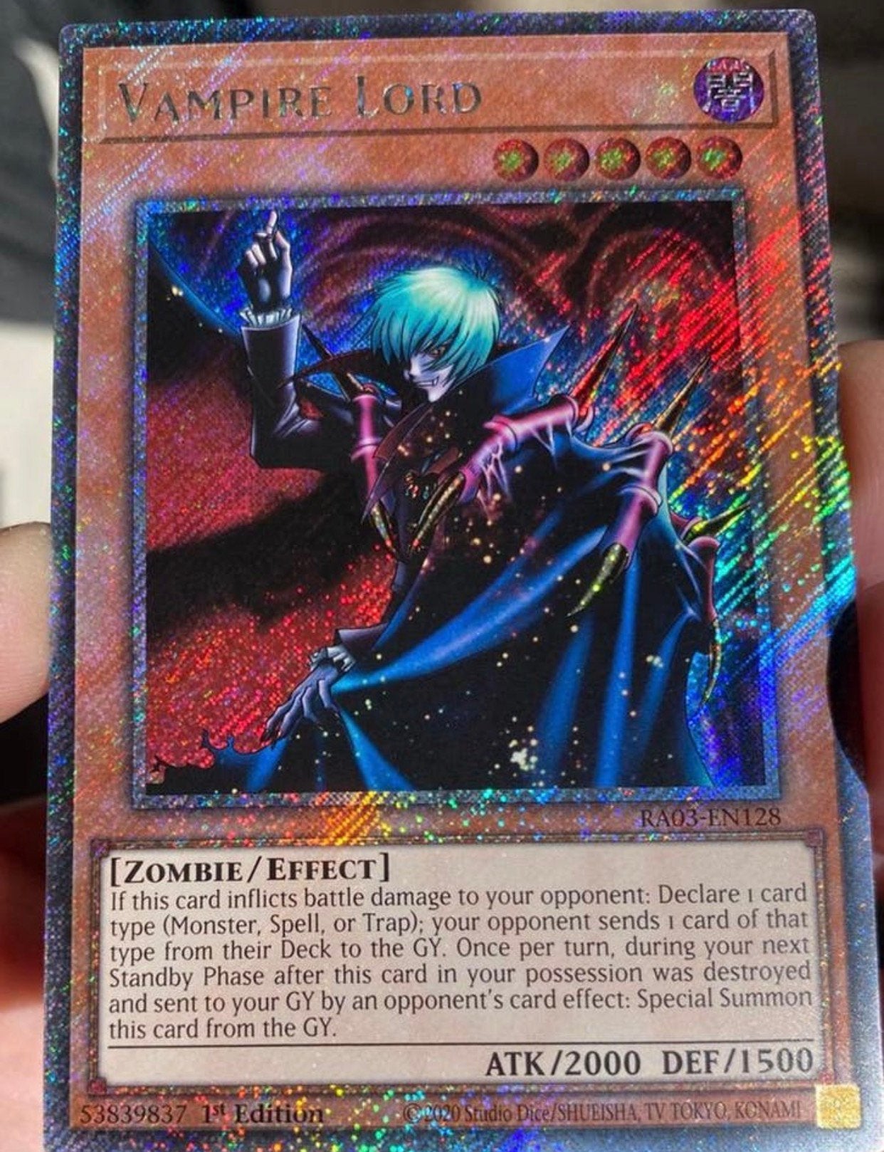 Yu-Gi-Oh! Vampire Lord RA03 1st Edition !, Ophalen of Verzenden, Zo goed als nieuw, Losse kaart, Foil