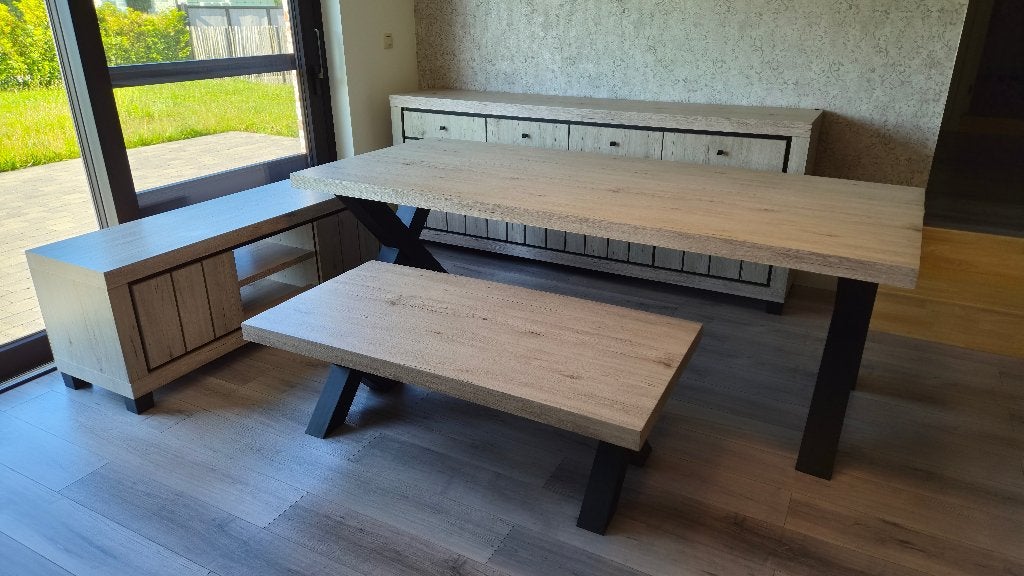 Set meubels (dressoir, eettafel, salontafel en tvkast), Ophalen, Gebruikt, 25 tot 50 cm, 200 cm of meer