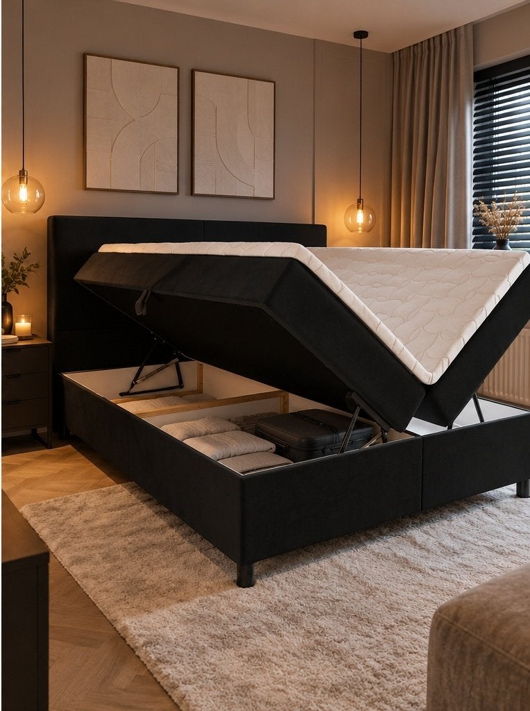 LAATSTE UIT VOORRAAD – Boxspring 180x200 met opbergruimte!, ., Zwart, Ophalen of Verzenden, .