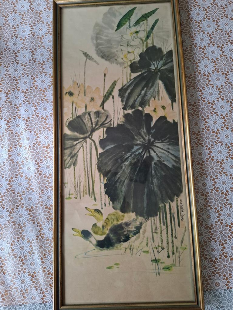 Oosters schilderij met eenden en waterlelies, 30x73cm, Antiek en Kunst, Kunst | Schilderijen | Klassiek, Ophalen of Verzenden