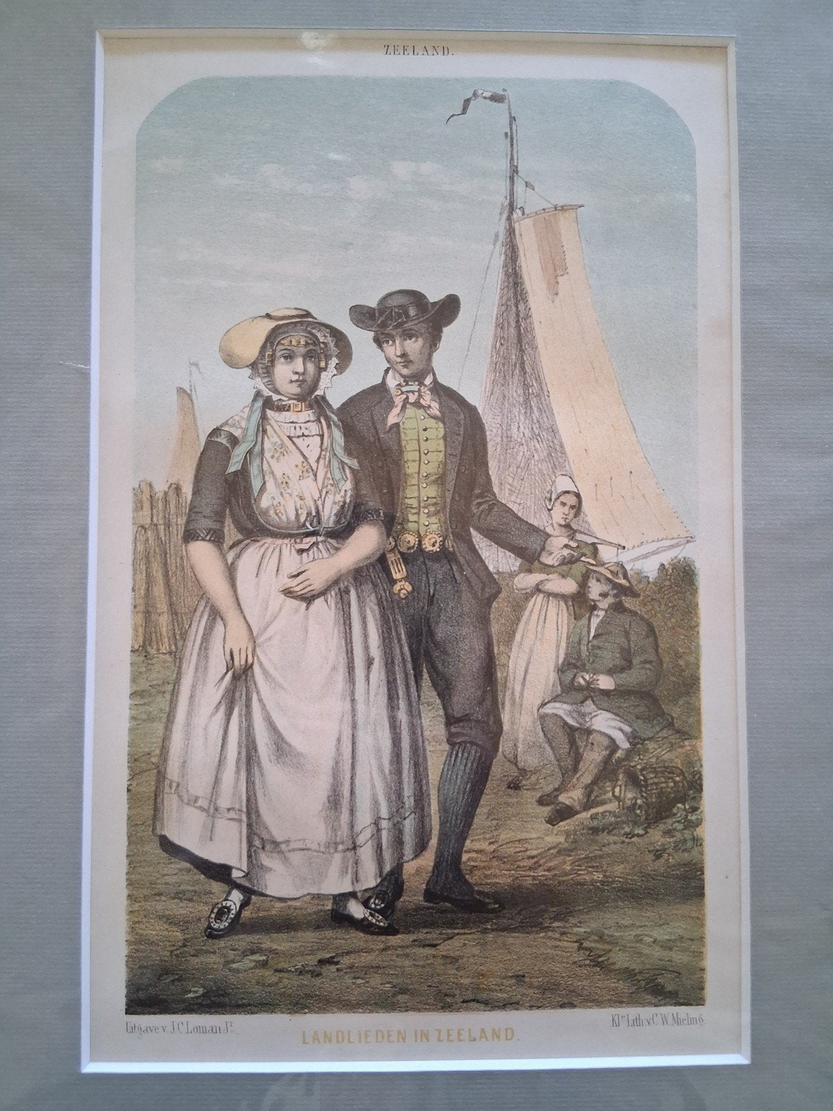 Antieke Lithografie: Landlieden in Zeeland, Antiek en Kunst, Dagelijks leven, 1800 - 1899, Met tekst, Ophalen of Verzenden