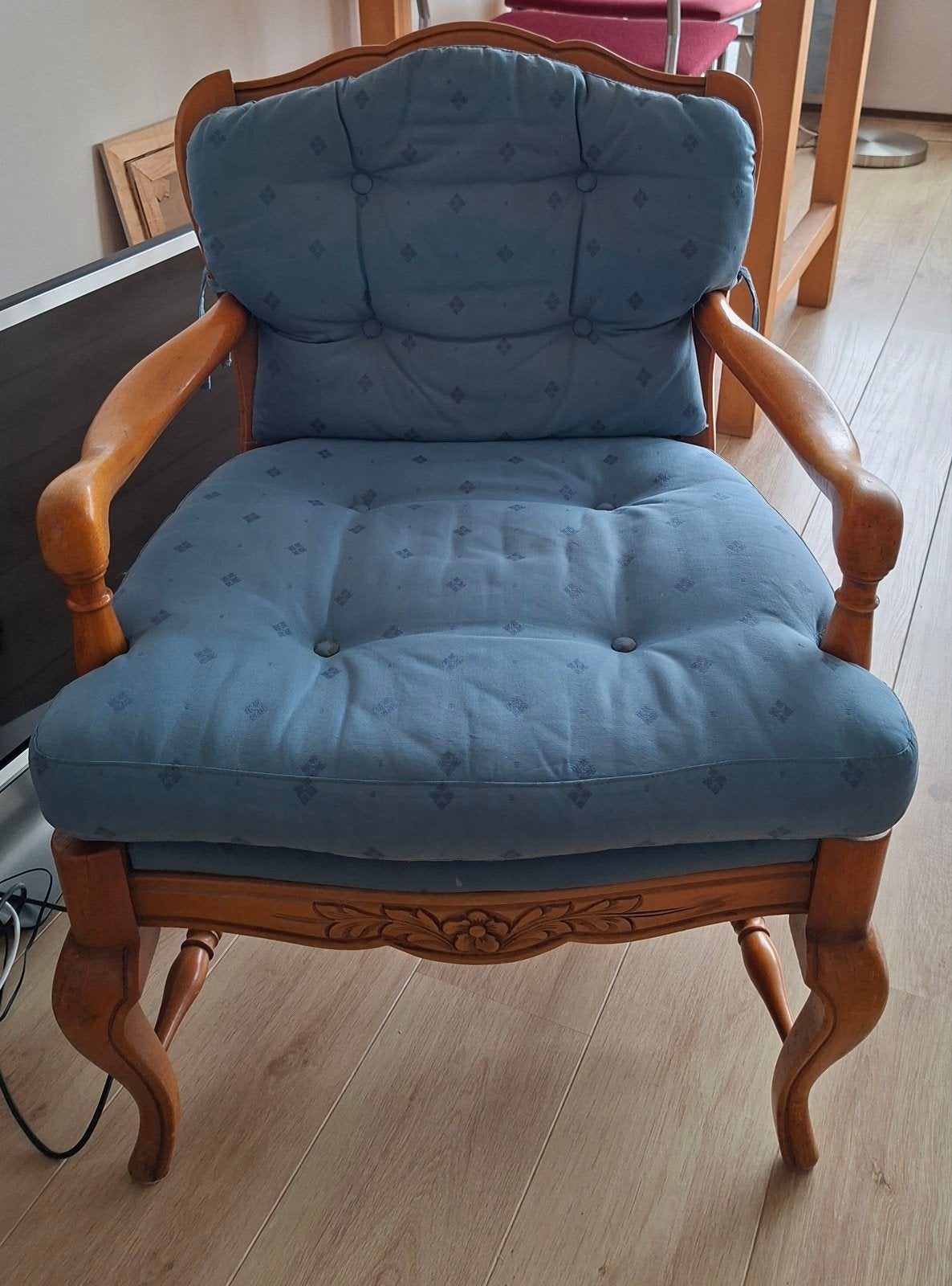 Vintage fauteuil met blauwe stoffen bekleding, Ophalen, Gebruikt, 75 tot 100 cm, Klassiek, Vintage