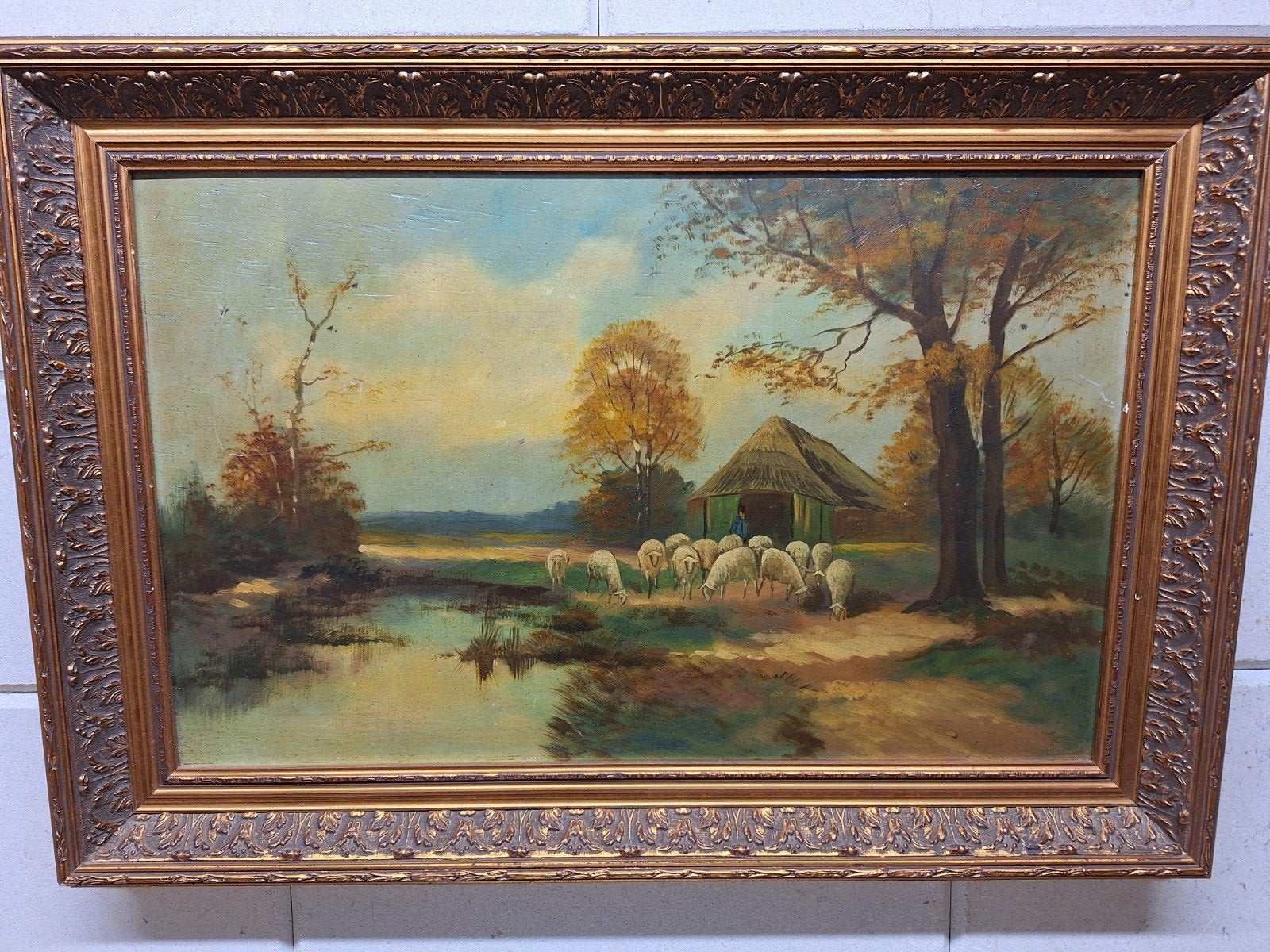 Klassiek Landschap met Schapen en Herder - Olieverf op Doek, Handgeschilderd, Doek, Ophalen of Verzenden, Landschap