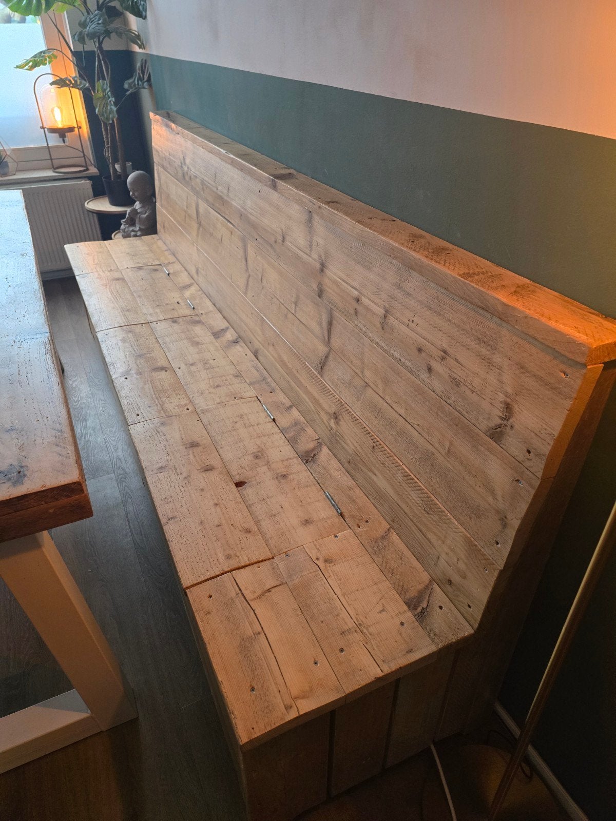 Steigerhouten klepbank met opbergruimte, Ophalen, Gebruikt, 150 tot 200 cm, Minder dan 75 cm