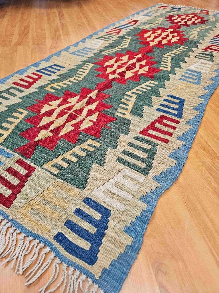 Handgemaakt Kelim kleed 210/80 cm, Huis en Inrichting, Stoffering | Tapijten en Kleden, Etten-Leur, Groen, Gebruikt, DJT@dejuistetoon.eu
