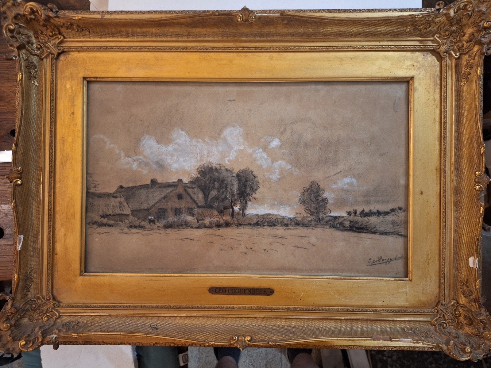Pastel schilderij van Geo Poggenbeek - Landschap boerder, Antiek en Kunst, Kunst | Tekeningen en Foto's, Tekening, Pasteltekening