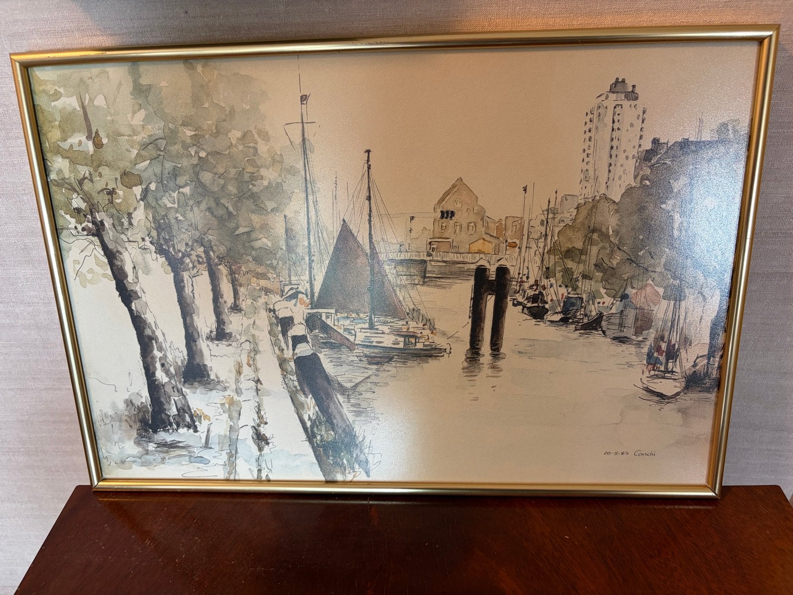 Schilderij van Conchi, 20-5-89, havengezicht, Ophalen