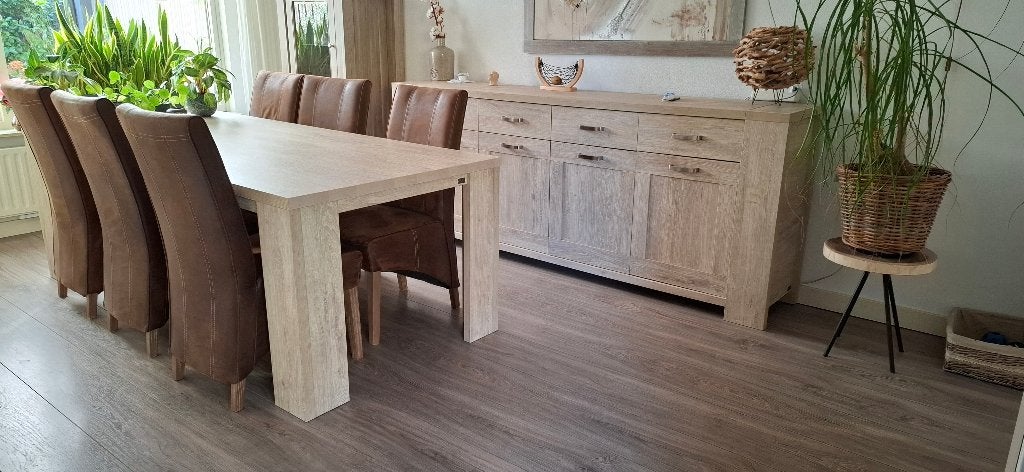 Eettafel lamulux met 6 stoelen, Ophalen, Kunststof, 100 tot 150 cm, 200 cm of meer