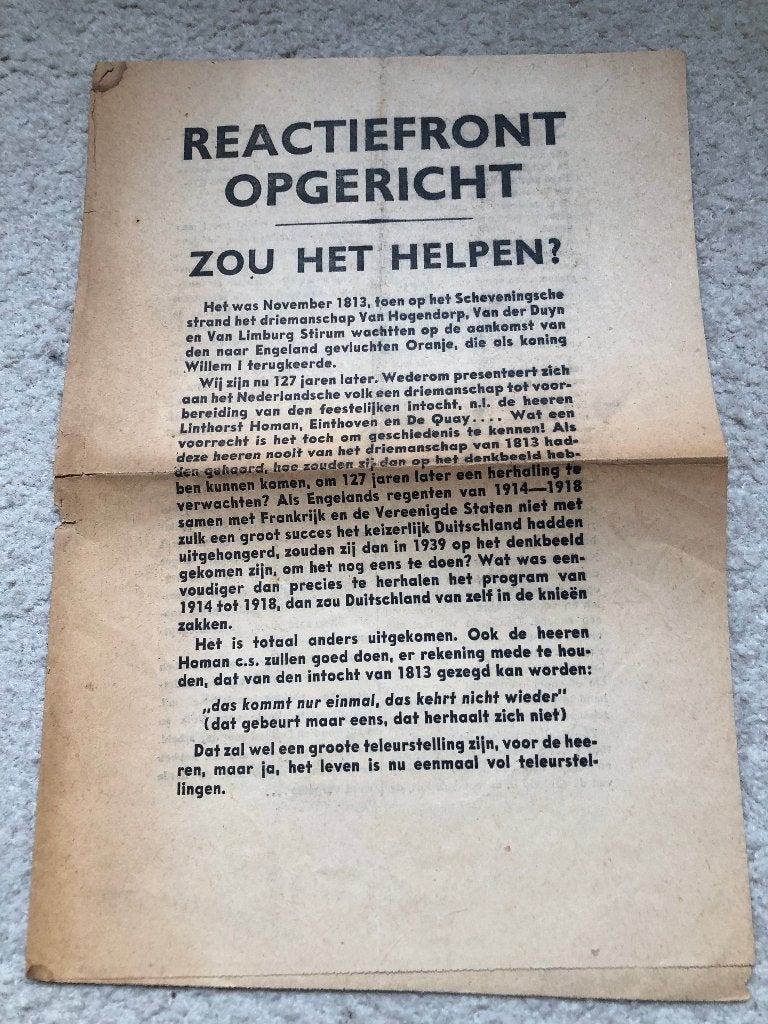 31 Juli 1940 NSB. Pamflet. Mussert zet zich af tegen de pas, Tweede Wereldoorlog, Verzenden, Zo goed als nieuw, Overige onderwerpen