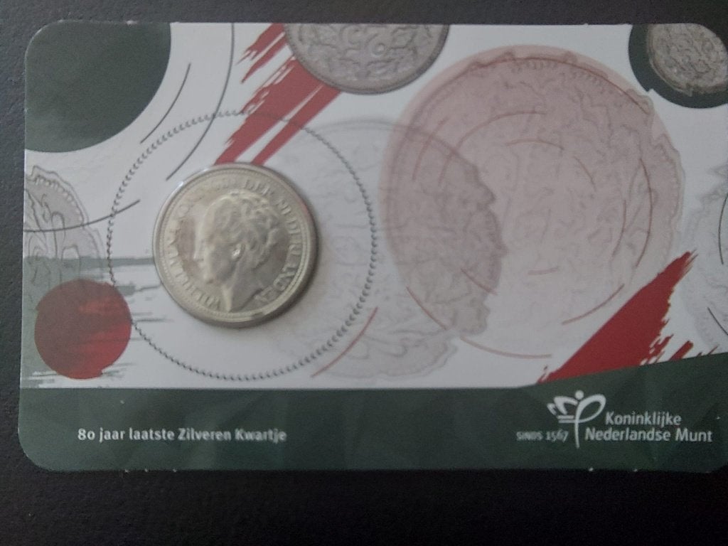 Numismatische coincard - 80jr afscheid zilveren kwartje 1941, Setje, Zilver, 25 cent, Ophalen of Verzenden