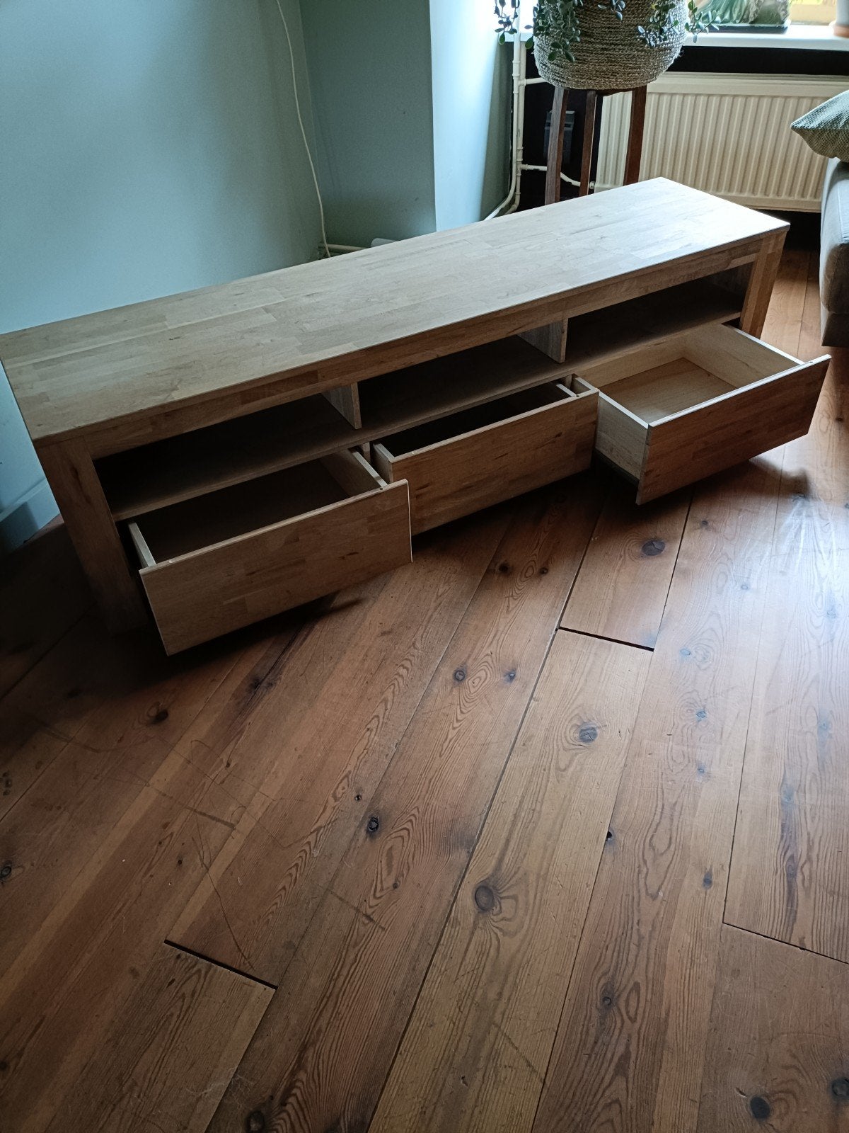 Eikenhouten TV-meubel met lades en open vakken., Ophalen, Gebruikt, Modern, Scandinavisch