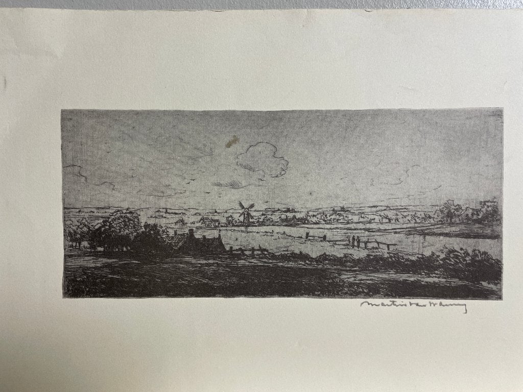Martin van Waning - Zicht op molen en rivier - ets, Ets, Stadsgezicht, Gesigneerd, 13 cm