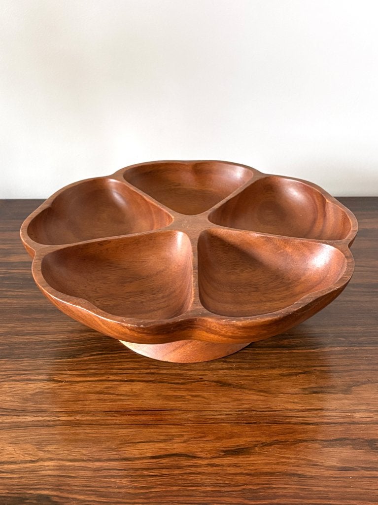 Vintage teakhouten serveer draaiplateau, 5 vaks, Lazy Susan, Gebruikt, Overige typen, Rond, Ophalen of Verzenden