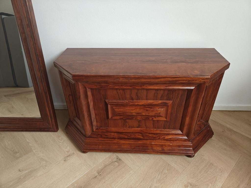 Antieke mahoniehouten kistbank en spiegel in Art Deco stijl, Ophalen, Overige vormen, 50 tot 100 cm, 100 tot 150 cm