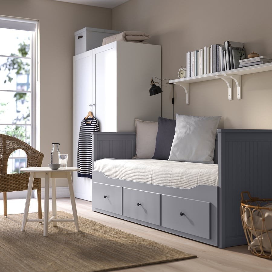IKEA Hemnes slaapbank (grijs) met 3 opberglades, Ophalen, Gebruikt, Tweepersoons, 80 cm