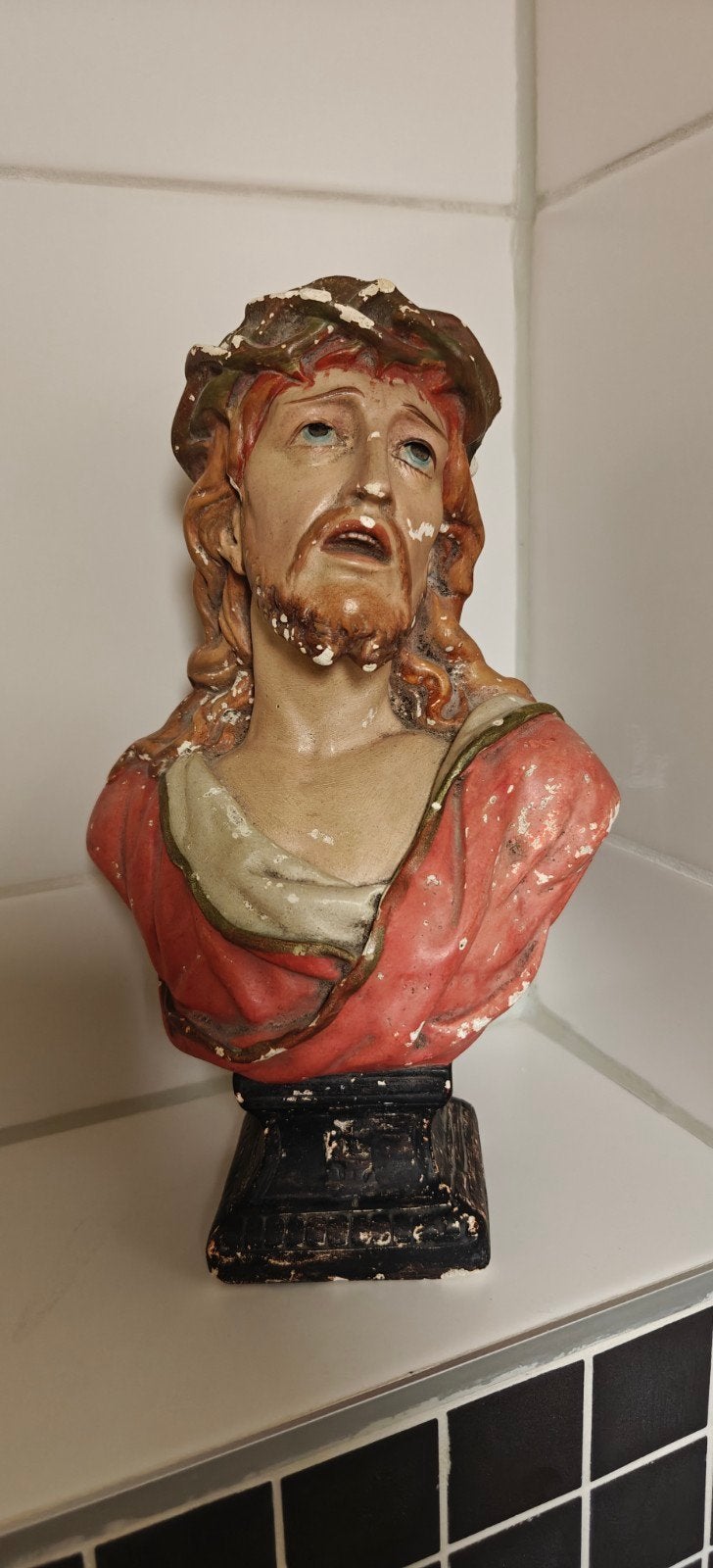 Chalkware Ecce Homo Buste Jezus, begin tot mid-20e eeuw, Antiek en Kunst, Gips, Buste, Ophalen of Verzenden, 20 - 50 cm