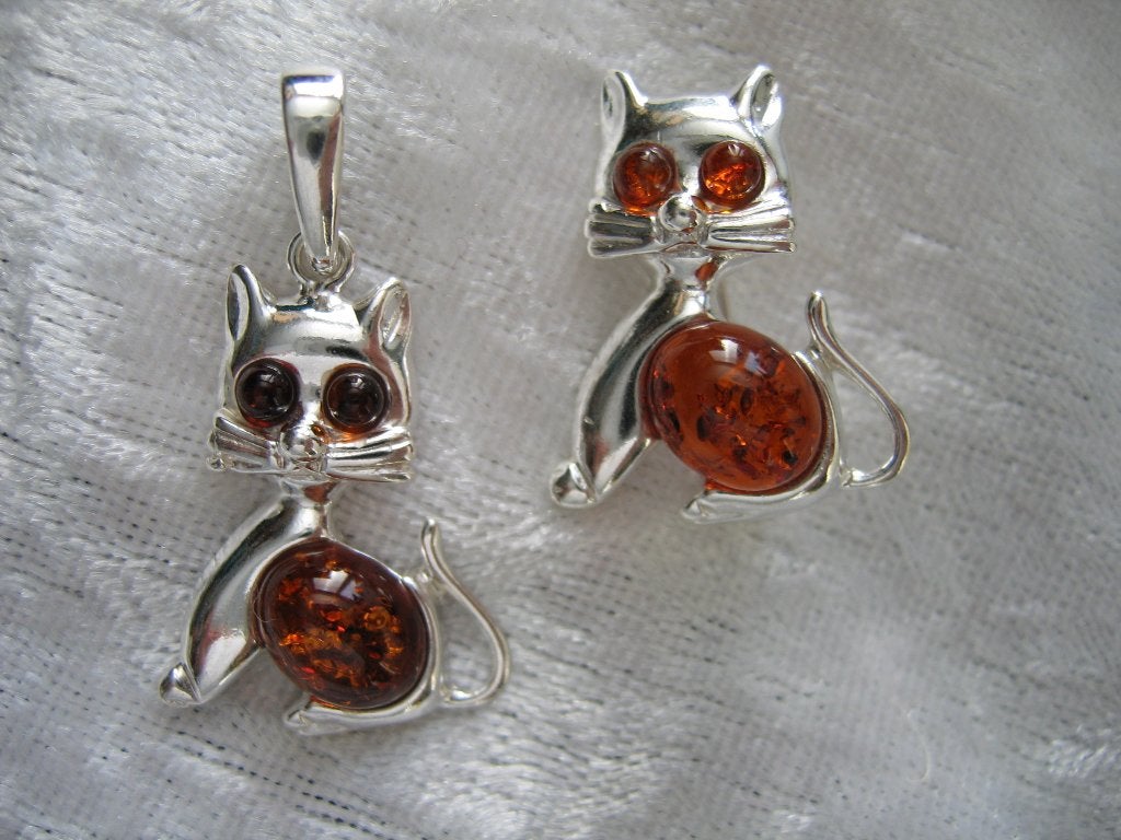 Mooie Zilveren Broche en Hanger met Barnstenen - Poes, Verzenden, Zilver, Hanger, Met edelsteen