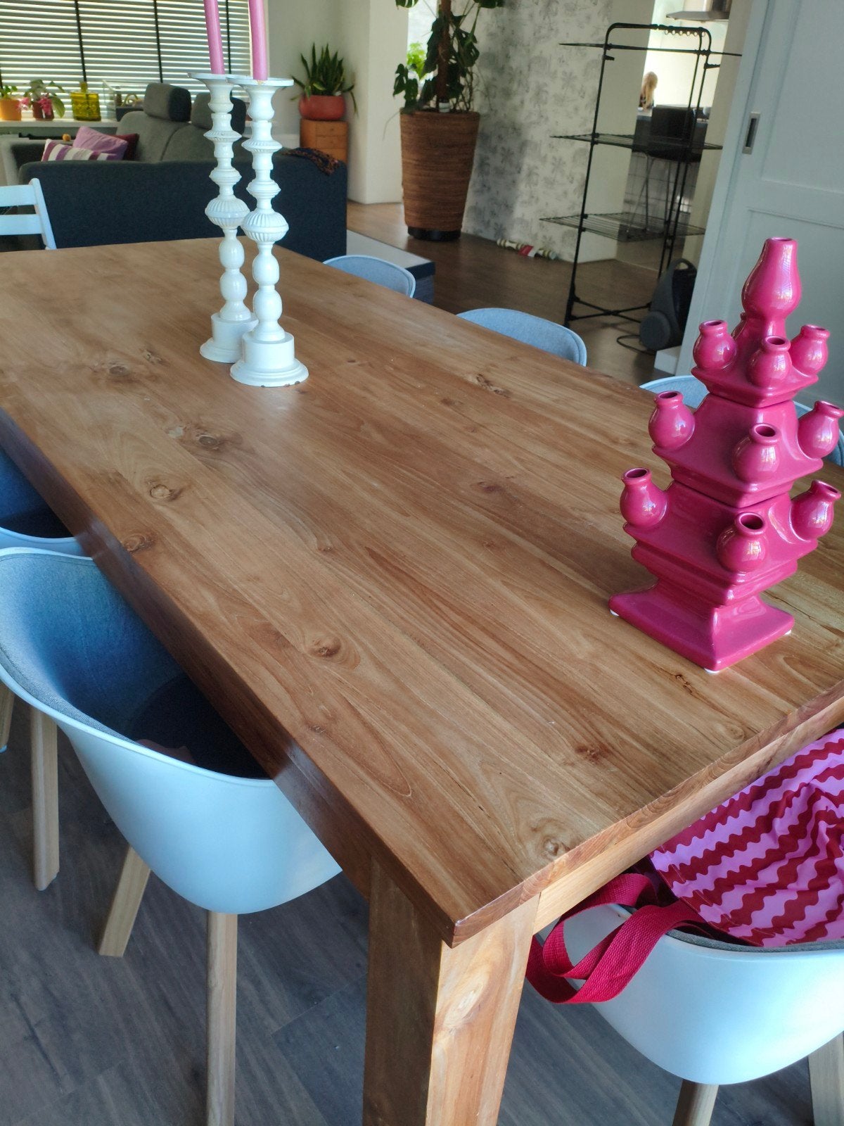 massief eiken houten eettafel 220x100cm, Gebruikt, Eikenhout, 200 cm of meer, Vijf personen of meer