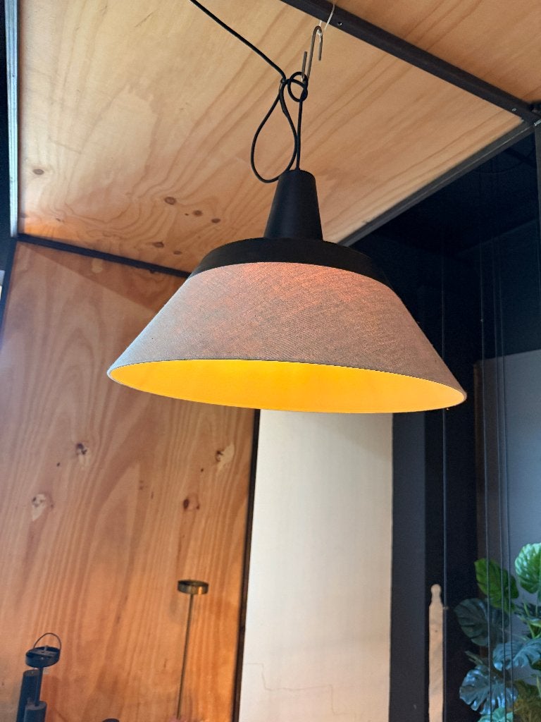Industriële hanglamp zwart met linnen kap, ø55 cm, Gebruikt, Zwart, Rond, Ophalen of Verzenden