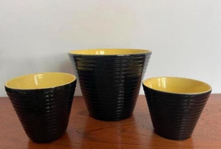 Bloempot Vintage Ribbel Zwart Geel, Ophalen of Verzenden