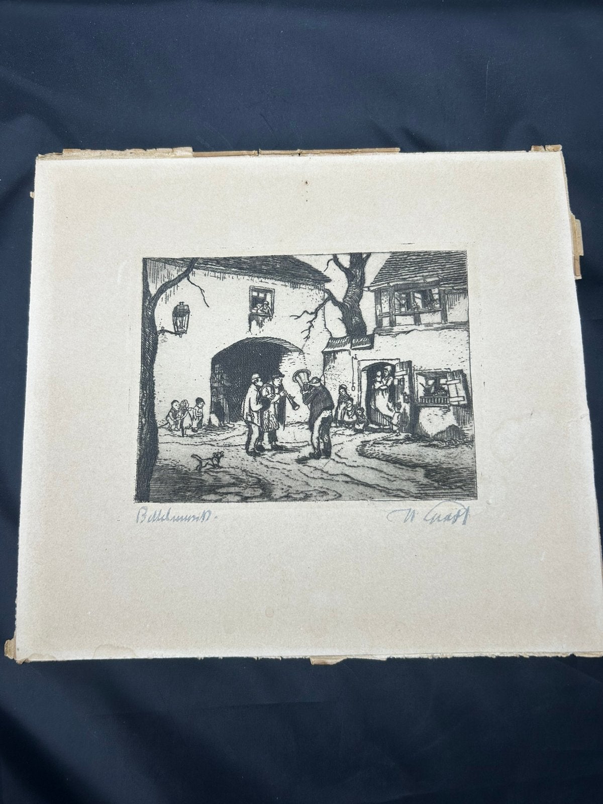 Vintage oude ets van Hermann Gradl Bettelmusik, Ophalen, Dagelijks leven, Ets, Origineel