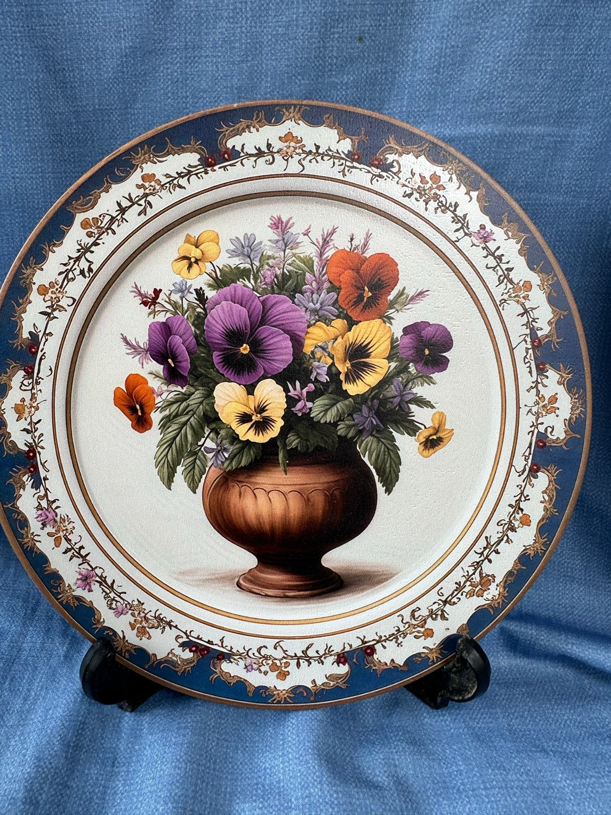 Decoratief bord met viooltjes en Chinese blauwe rand, Huis en Inrichting, Woonaccessoires | Wanddecoraties, Verzenden, Nieuw