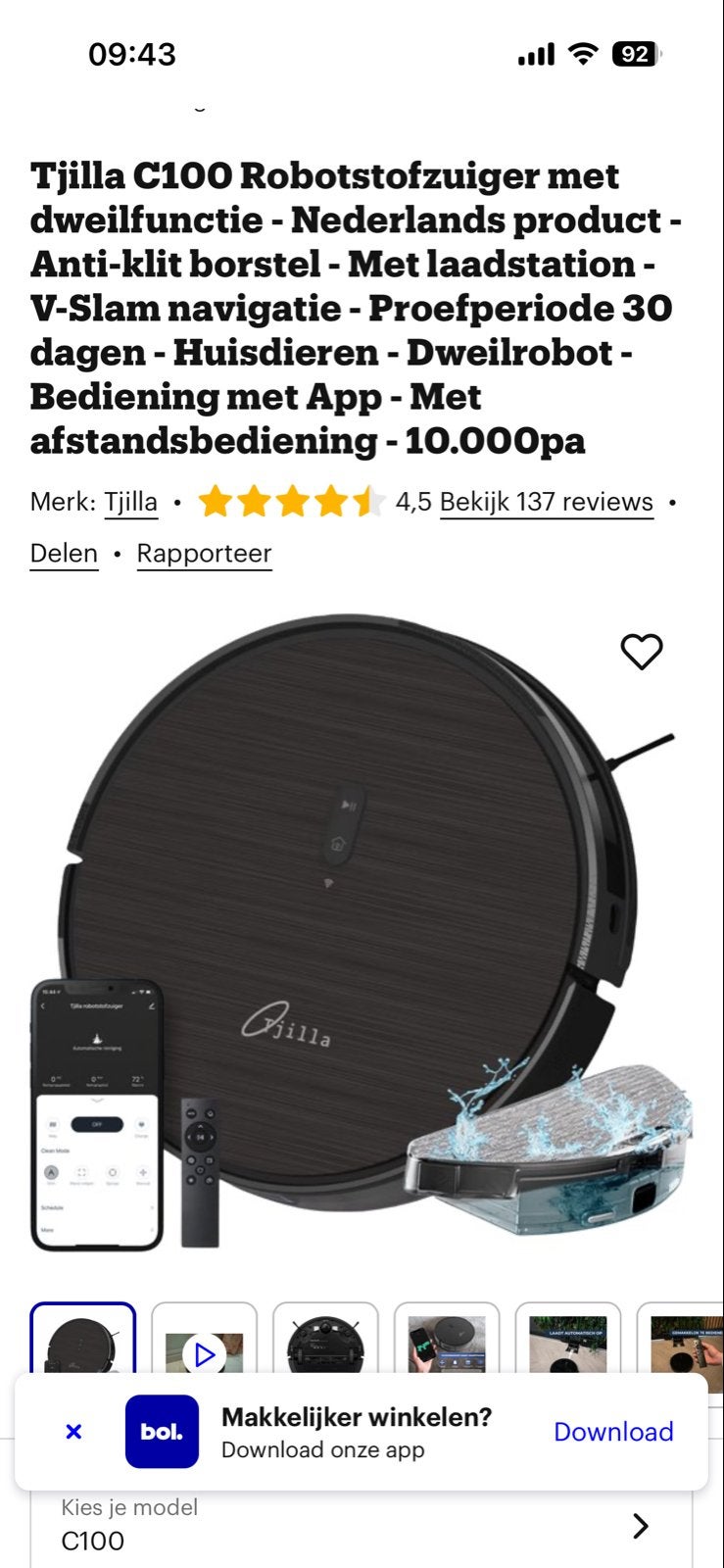 Tjilla C100 Robotstofzuiger met dweilfunctie en app-bedienin, Ophalen, Overige merken, Nieuw, Robotstofzuiger