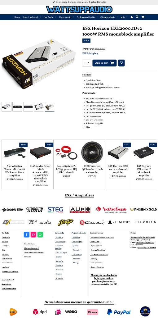 ESX Horizon HXE2000.1Dv2 1000W RMS Monoblok versterker, Audio-design, Nieuw, Am Breilingsweg 3, 76709 Kronau, Duitsland, Ophalen of Verzenden