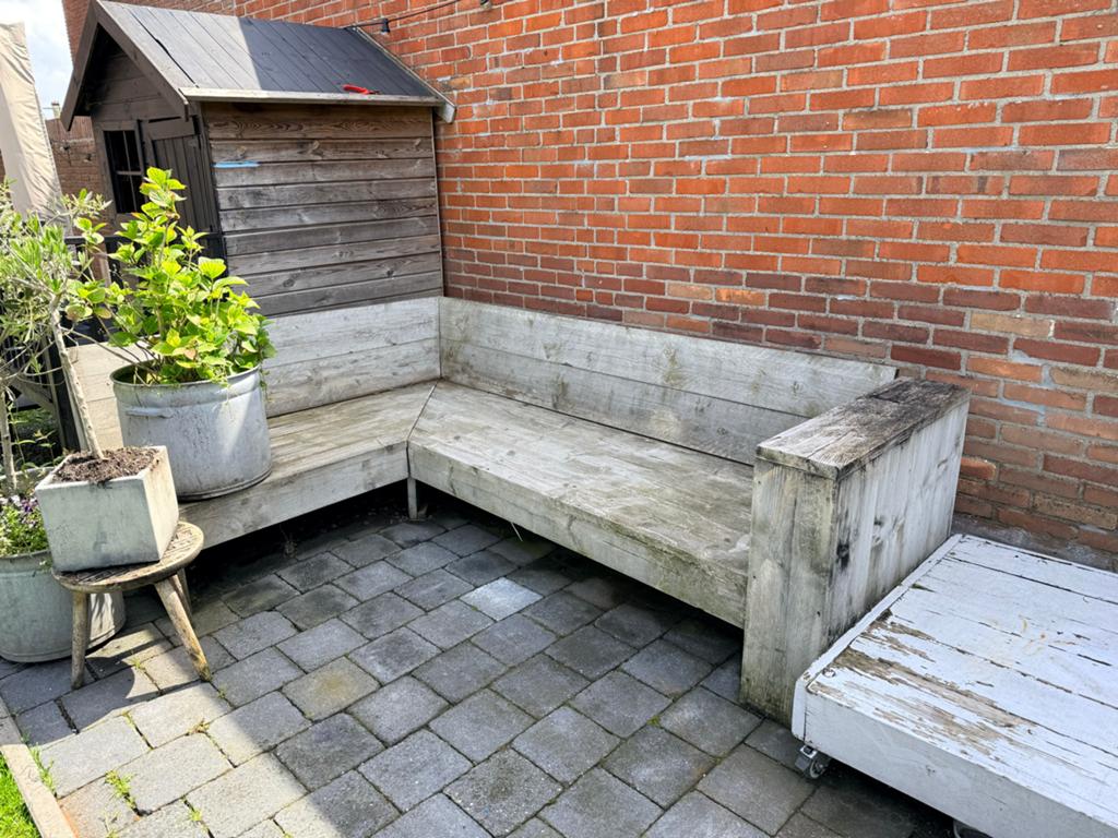 Houten hoekbank voor buiten - in ruil voor een kratje HJ ;), Ophalen of Verzenden, Gebruikt, Hoekbank, Hout