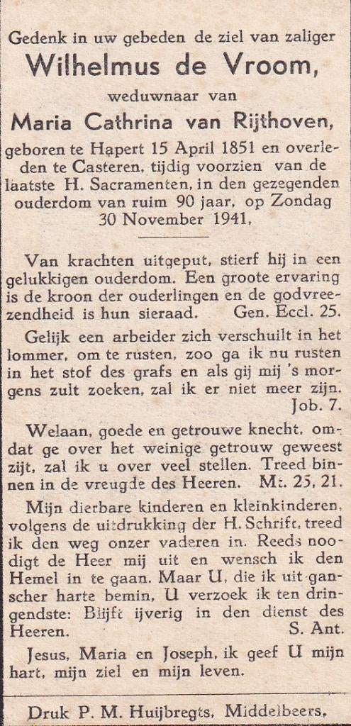 Vroom Wilhelmus 1851 Hapert 1941 Casteren  90 jaar, Ophalen of Verzenden, Bidprentje