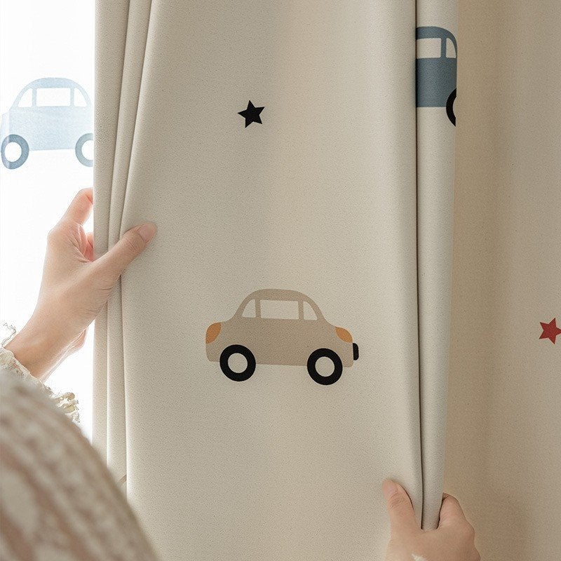kinder gordijnen auto - Nieuw, 202 cm, Met haken, Beige, Nieuw