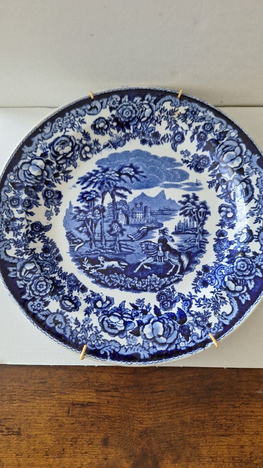Antiek blauw-wit bord met jachtscène, Amazone, Ophalen of Verzenden