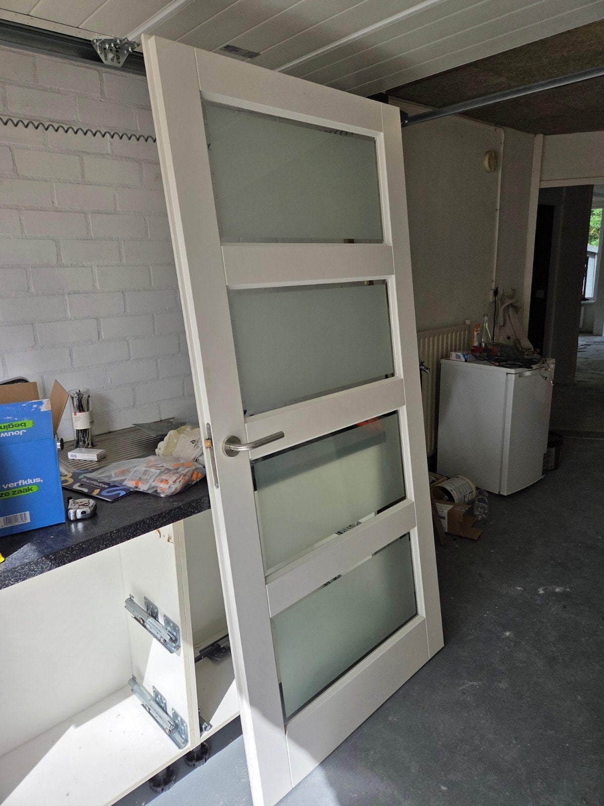 Binnendeur met matglas en deurbeslag, Doe-het-zelf en Verbouw, Deuren en Horren, Gebruikt, 80 tot 100 cm, Binnendeur, Ophalen of Verzenden
