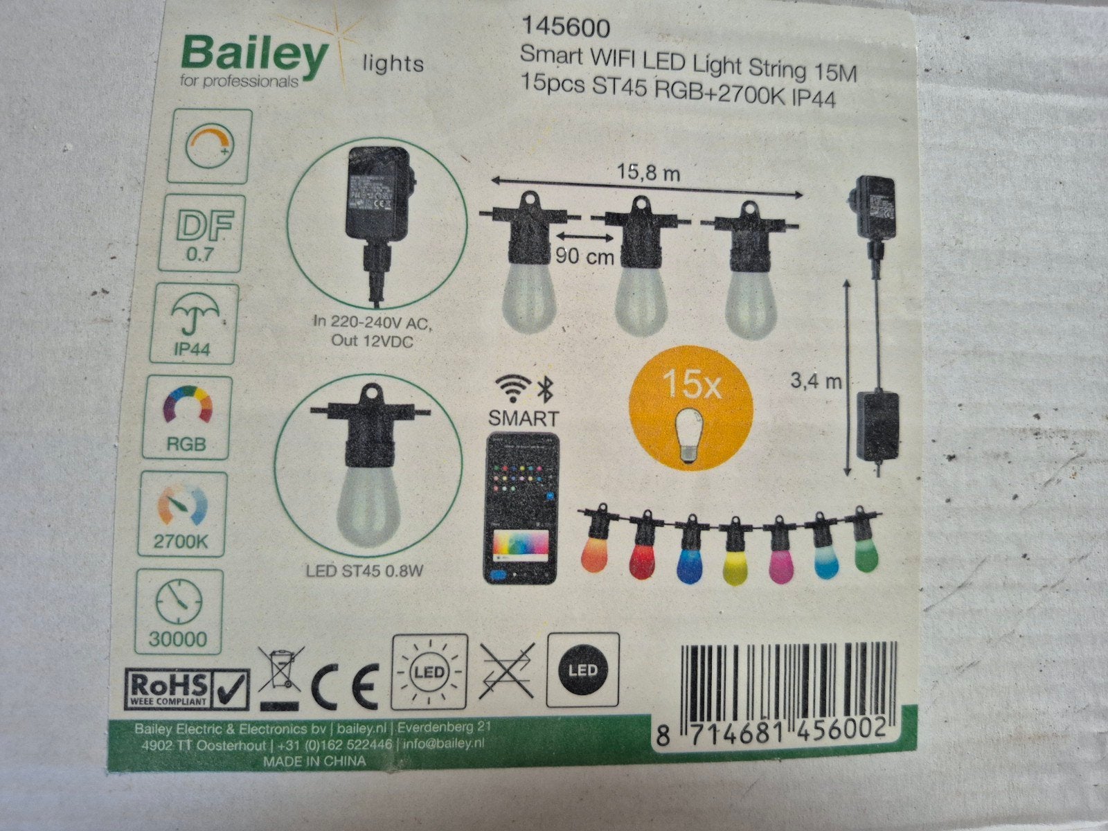 Bailey Smart LED Lichtslinger 15M RGB+2700K IP44, Minder dan 50 watt, Nieuw, Ophalen of Verzenden, Netvoeding