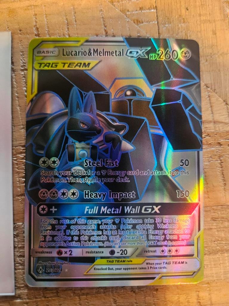 Lucario & Melmetal GX TAG TEAM Pokémon Kaart (Foil), Ophalen of Verzenden, Zo goed als nieuw, Losse kaart, Foil