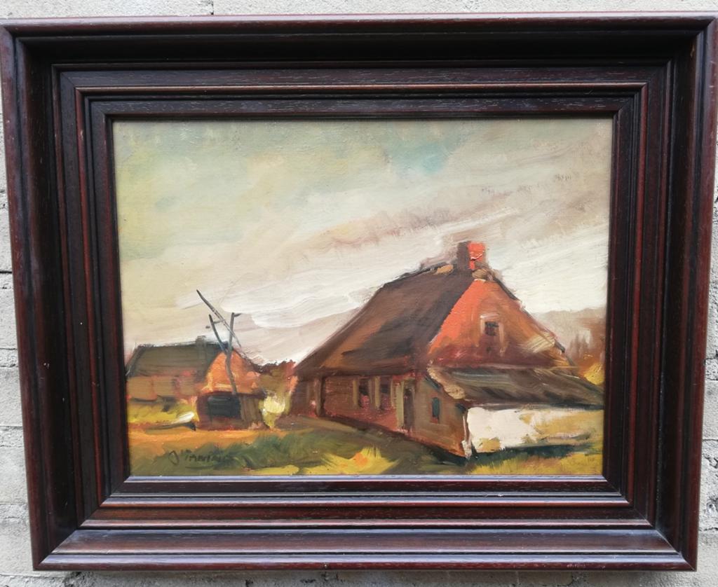 Boerenhoeve. Sign. Olie/doek. 52/42 cm., Ophalen, Minder dan 50 cm, Zo goed als nieuw, Schilderij