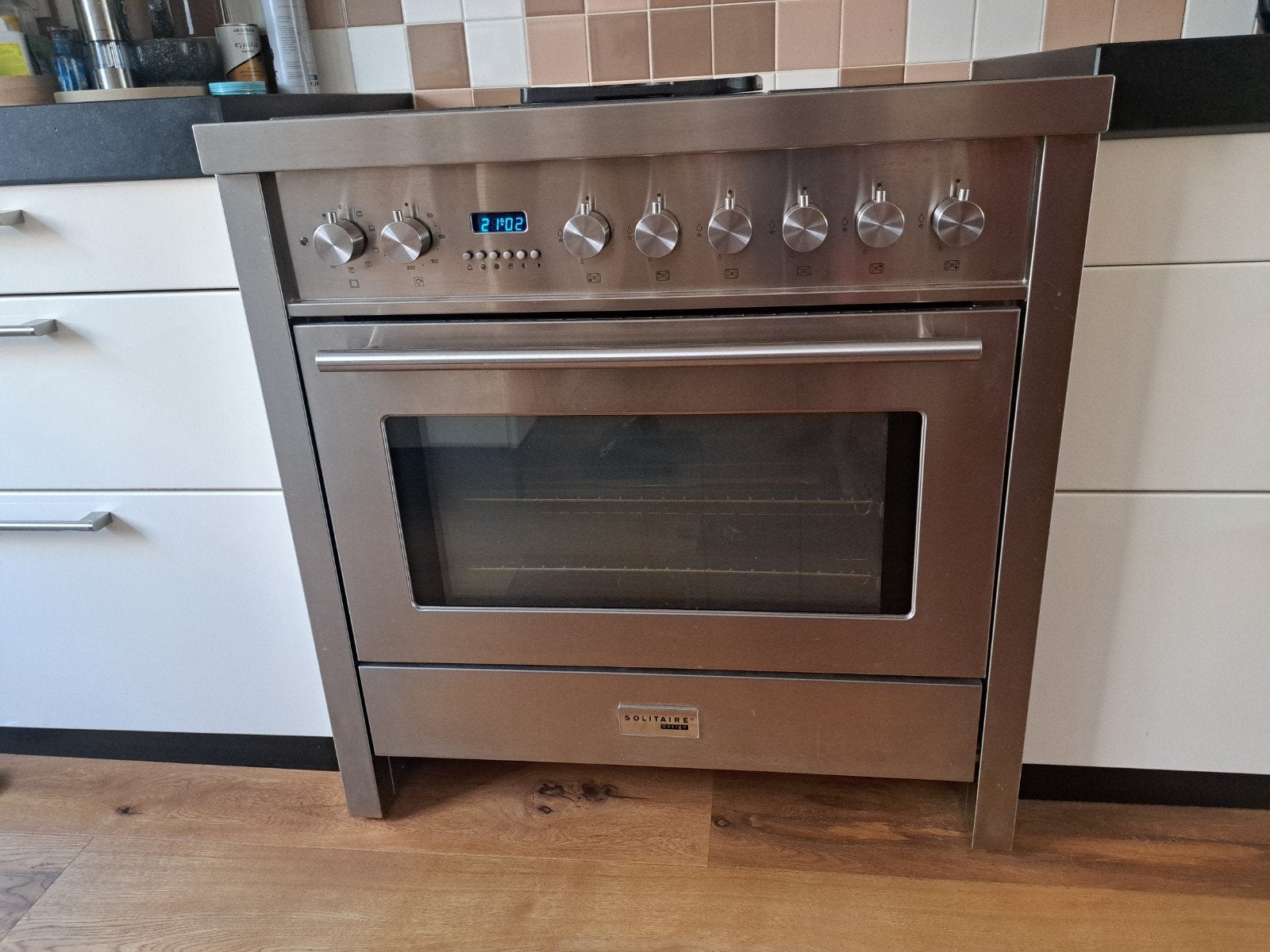Solitaire Vrijstaand Gasfornuis met Oven en Afzuigkap - RVS, Ophalen, Gebruikt, 60 cm of meer, Gas