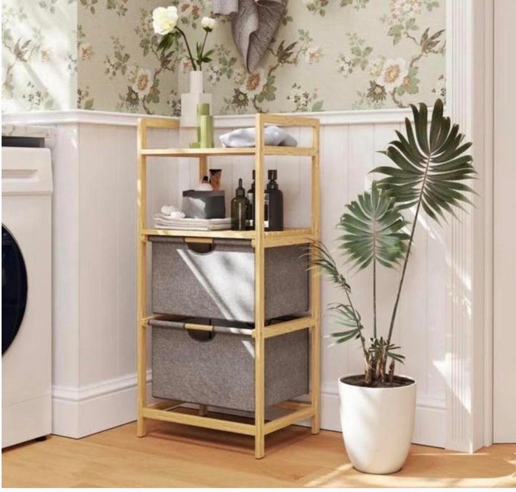 Bamboe Opbergrek met 2 Stoffen Laden - 96x44x34cm NIEUW, Huis en Inrichting, Badkamer | Badkamermeubels, Nieuw, Ophalen of Verzenden