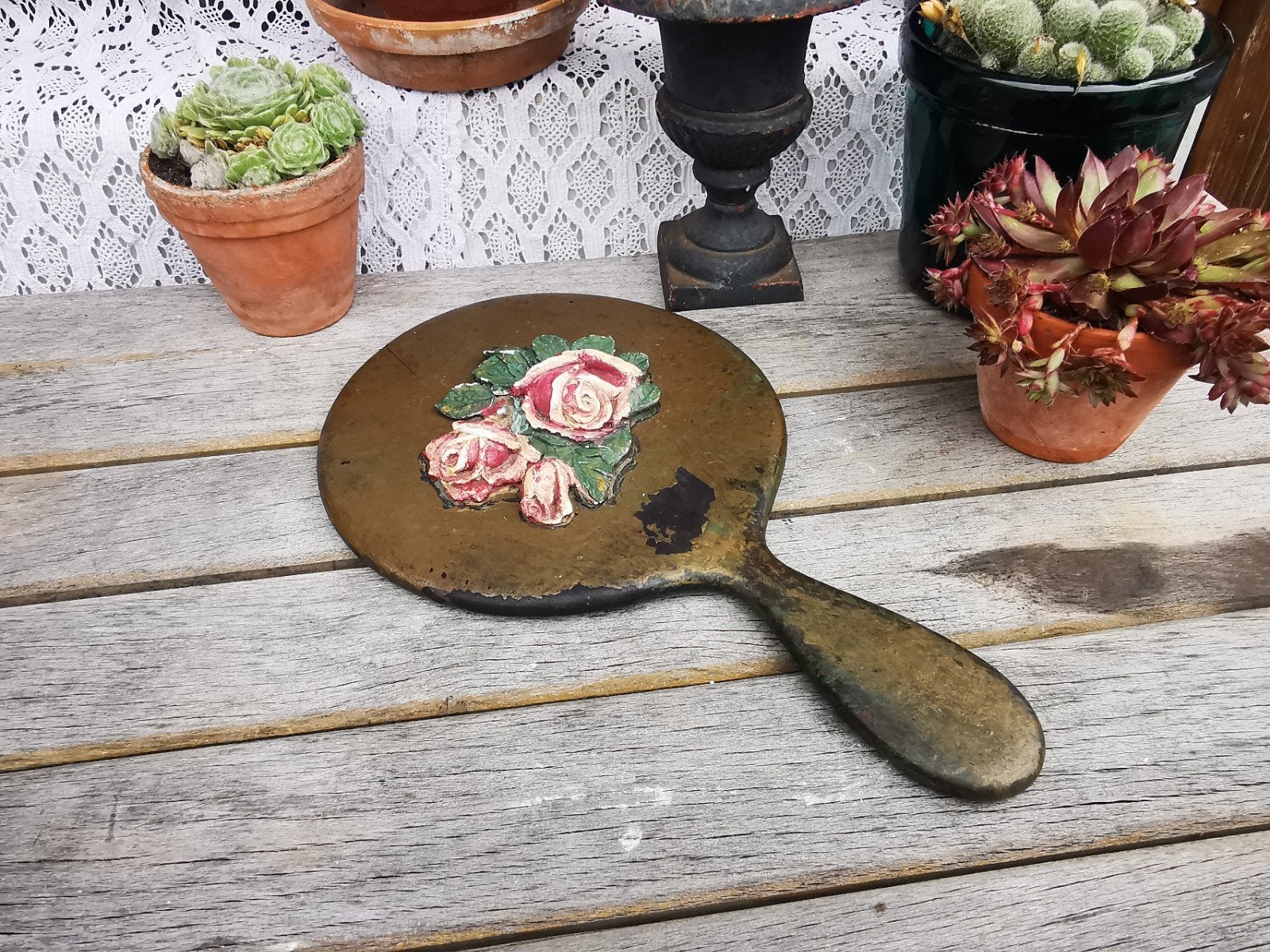 Antieke handspiegel toiletspiegel prachtig met roosjes Miekj, Antiek en Kunst, Curiosa en Brocante, Ophalen of Verzenden